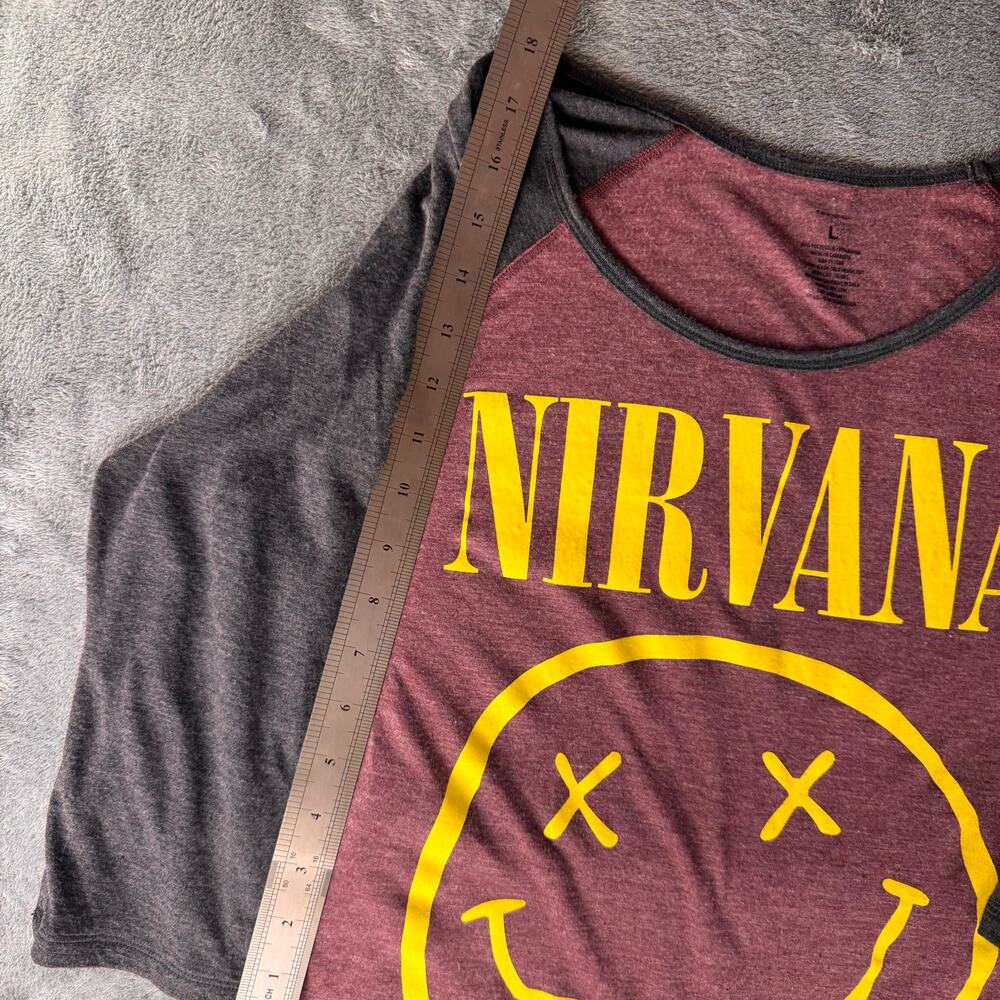 nirvana smiley face raglan 3/4 sleeve graphic band shirt burgundy gray L - Picture 6 of 7